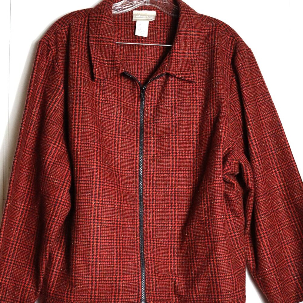 Coldwater Creek Womens XL Red Black Plaid Wool Blend Zip Up Jacket Blazer